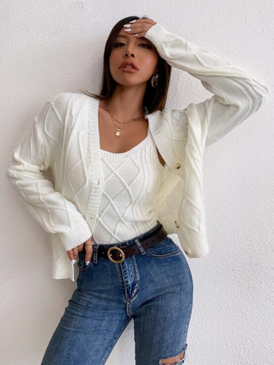 Argyle Knit Drop Shoulder Button Up Cardigan & Cami Knit Top - Image 13