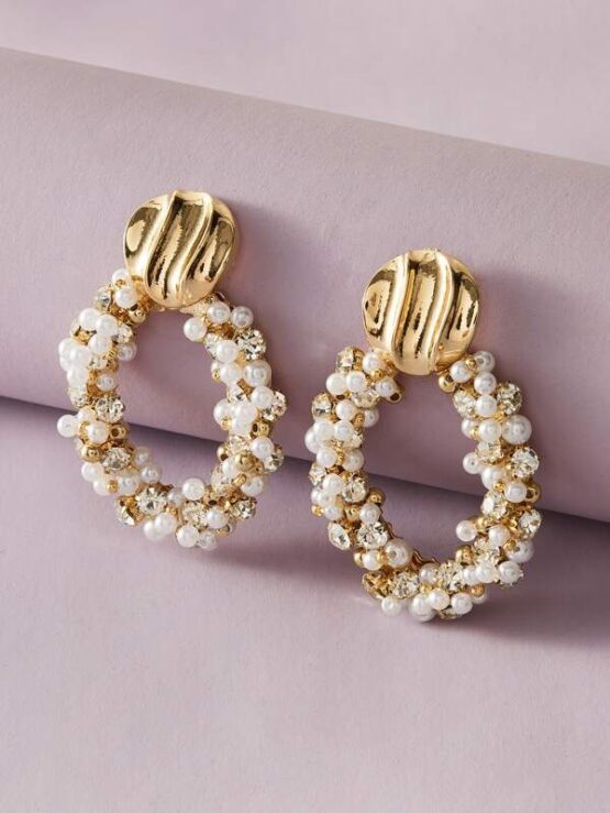 1pair Textured Metal Decor Faux Pearl Round Drop Earrings - Image 2