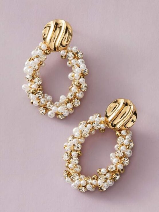 1pair Textured Metal Decor Faux Pearl Round Drop Earrings - Image 3