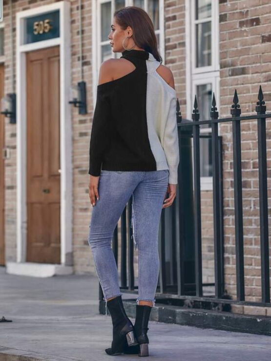Ribbed Two-Toned Open-Shoulder Turtleneck Sweater - Image 2