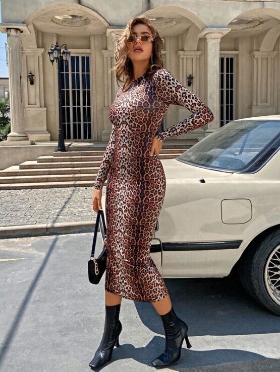 Mock Neck Split Back Leopard Bodycon Dress - Image 2