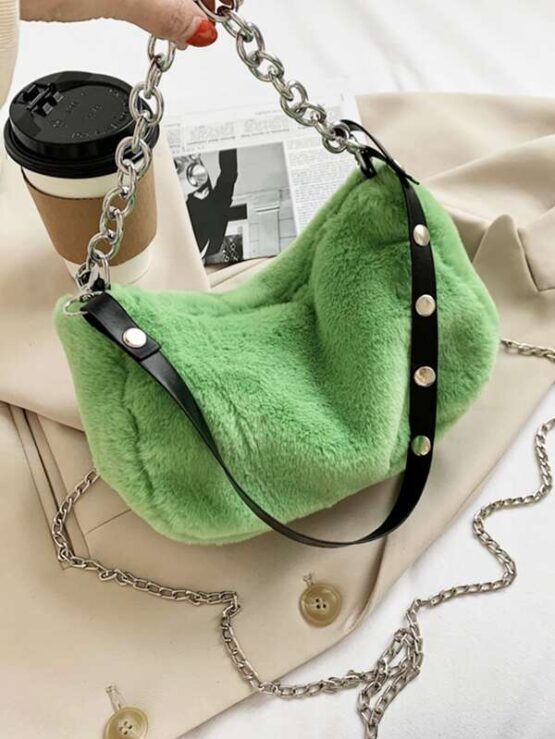 Chain Baguette Fluffy Shoulder Bag - Image 3
