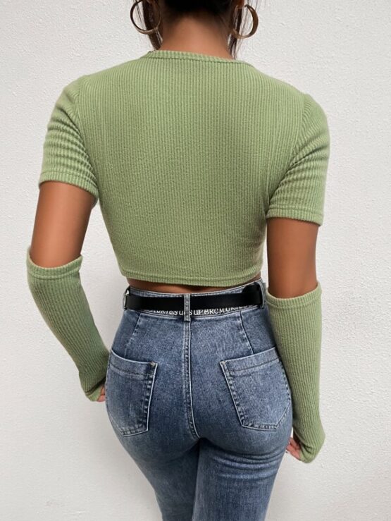 Ribbed Knit Crop Sweater With Elbow Sleeve - Image 2