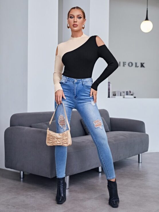 Two Tone Cold Shoulder Sweater - Image 2