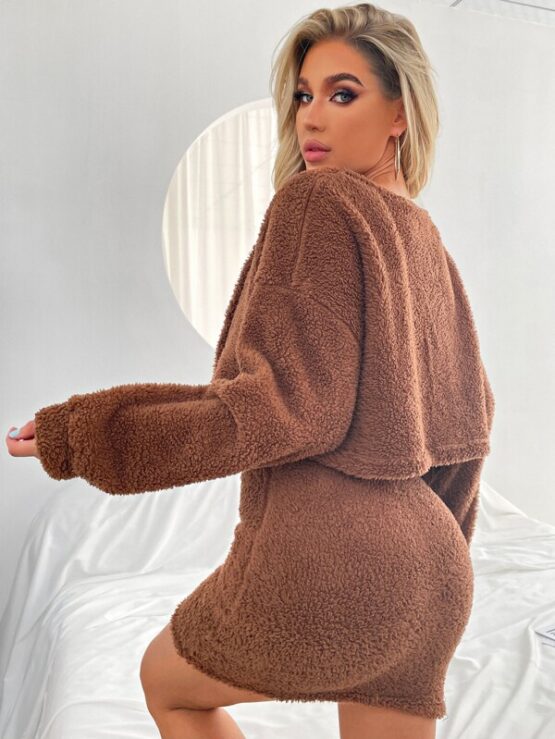 Drop Shoulder Open Front Crop Teddy Jacket & Bodycon Dress - Image 3