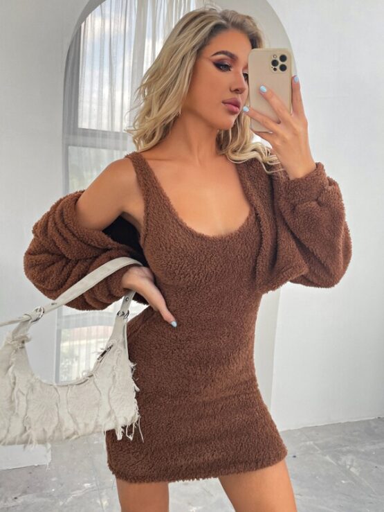 Drop Shoulder Open Front Crop Teddy Jacket & Bodycon Dress - Image 2