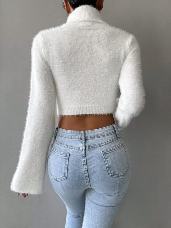 Rolled Neck Crop Fuzzy Sweater - Image 2
