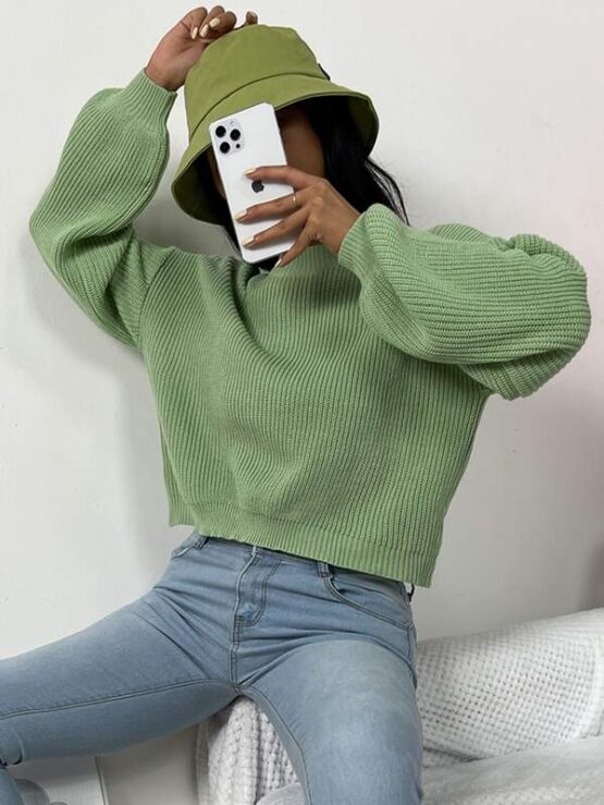 Solid Drop Shoulder Knitted Sweater - Image 2