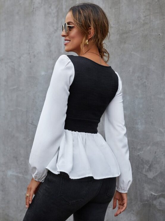 Two Tone Black and White Peplum Top - Image 2