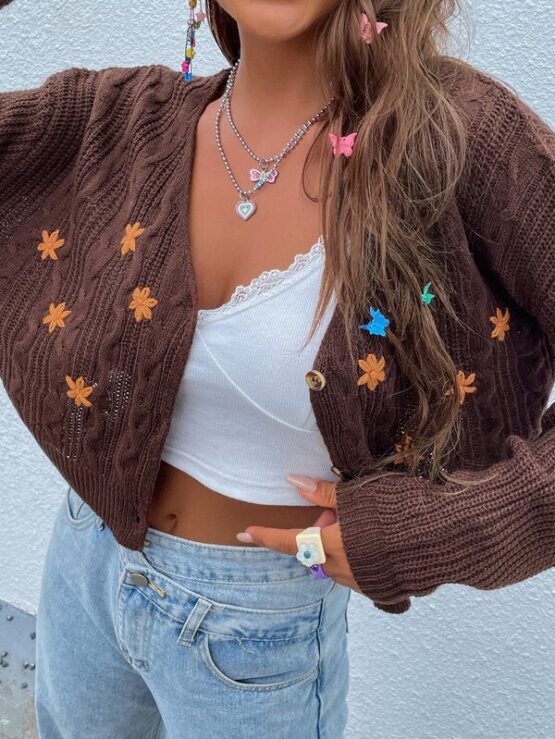 Floral Embroidery Button Front Drop Shoulder Crop Cardigan - Image 2