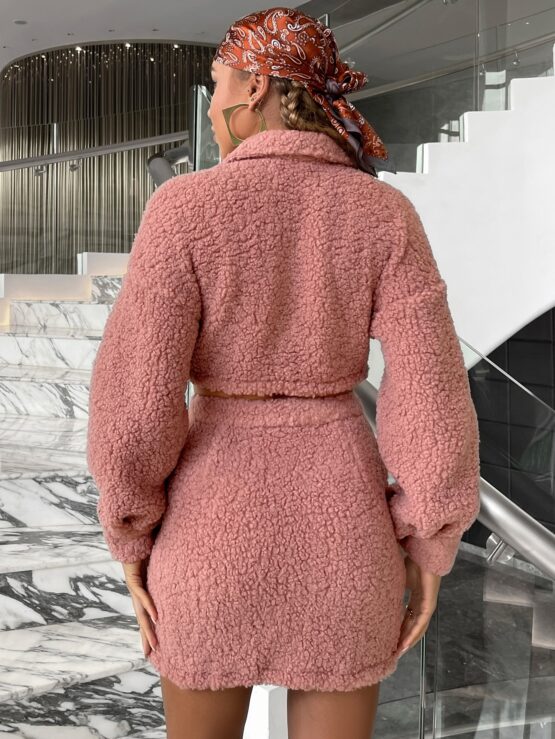 Glamaker Flap Detail Drop Shoulder Crop Teddy Jacket & Skirt - Image 2