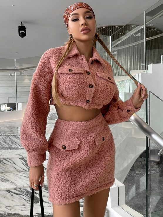 Glamaker Flap Detail Drop Shoulder Crop Teddy Jacket & Skirt - Image 3