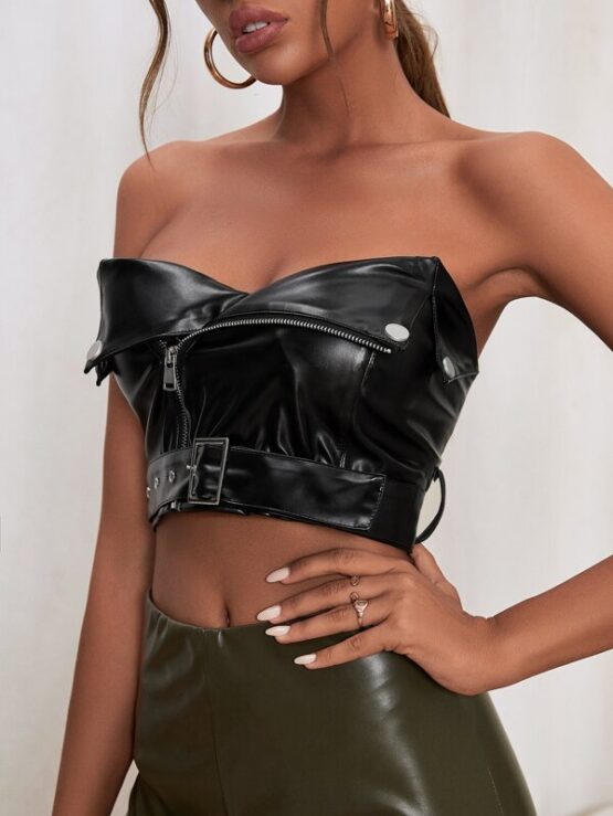 PU Leather Belted Moto Tube Top - Image 2