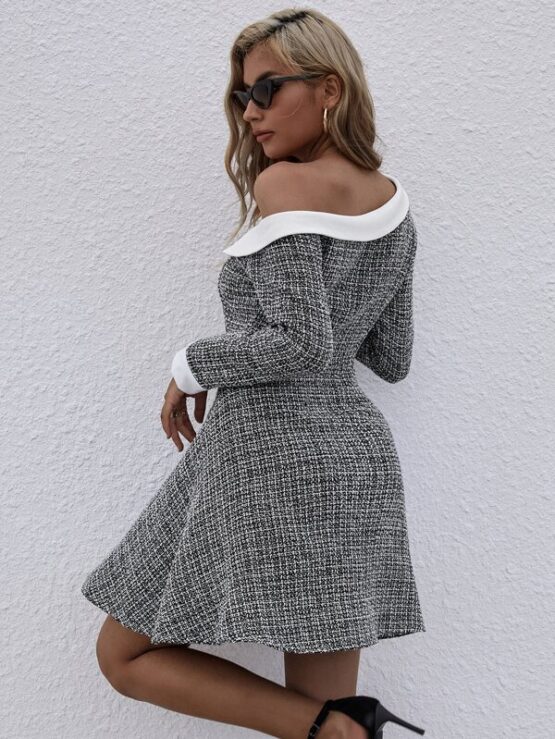 Tweed Asymmetrical Neck Fit And Flare Dress - Image 2