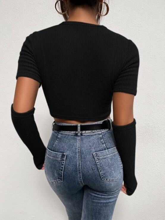 Ribbed Knit Crop Sweater With Elbow Sleeve - Image 5