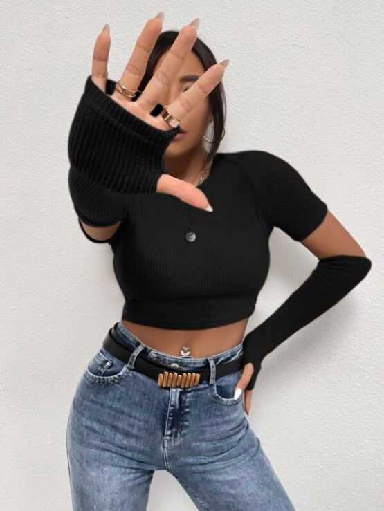 Ribbed Knit Crop Sweater With Elbow Sleeve - Image 6