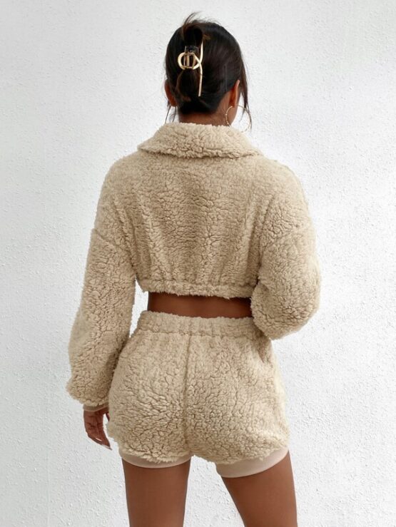 Quarter Zip Drop Shoulder Crop Teddy Pullover & Shorts - Image 2
