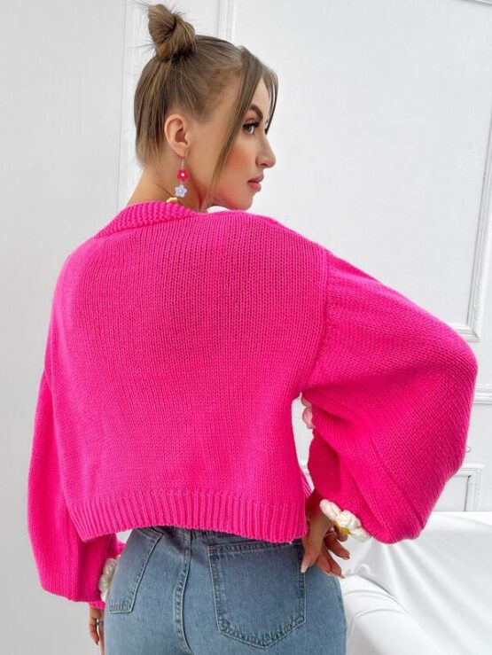 Floral Applique Bishop Sleeve Cardigan - Image 2