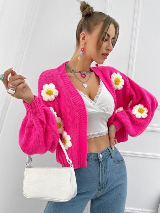 Floral Applique Bishop Sleeve Cardigan - Image 3