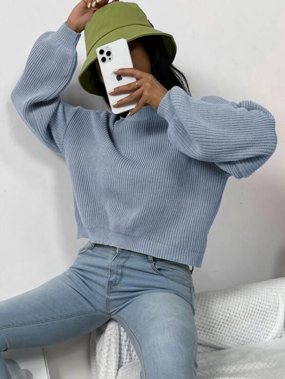 Solid Drop Shoulder Knitted Sweater - Image 6