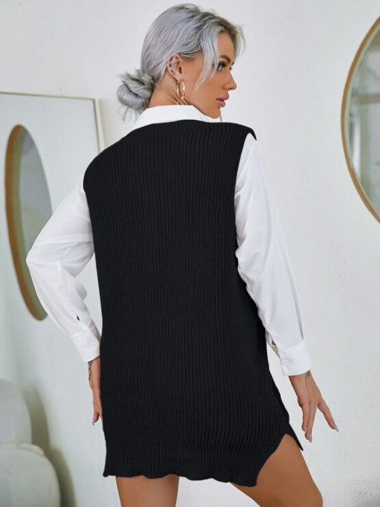 Split Hem Sweater Vest Without Belted & Blouse - Image 3