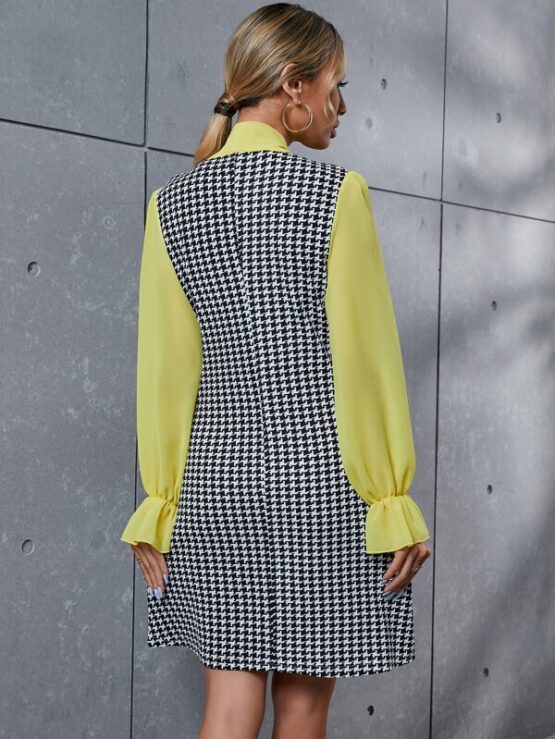 Houndstooth Tie Neck Double Breasted Dress - Image 5