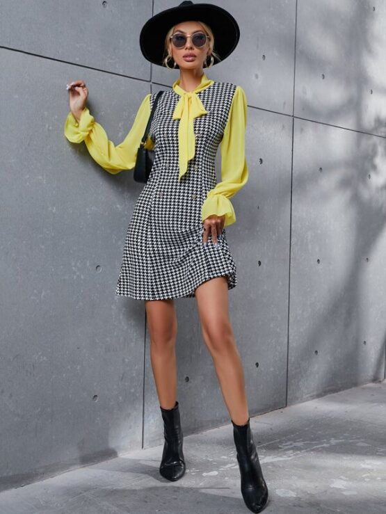 Houndstooth Tie Neck Double Breasted Dress - Image 6