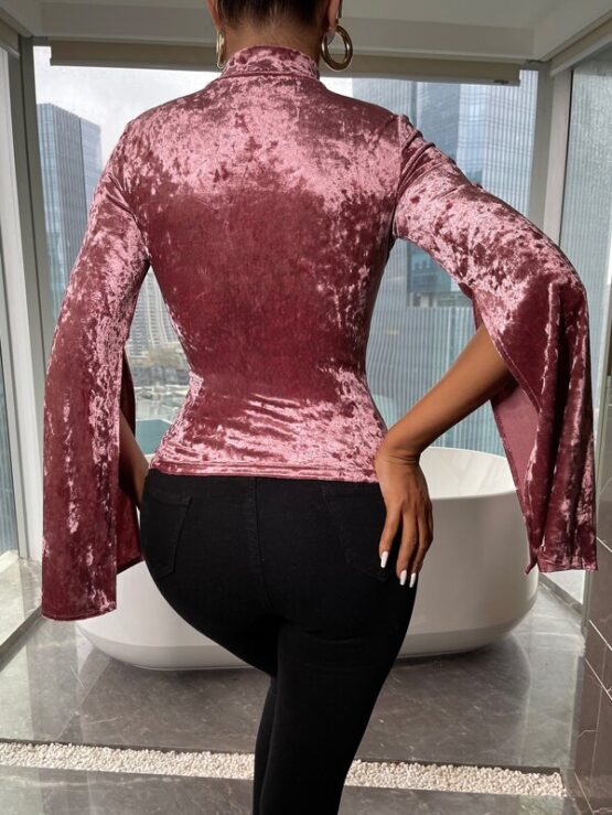 Split Sleeve Mock Neck Velvet Tee - Image 3