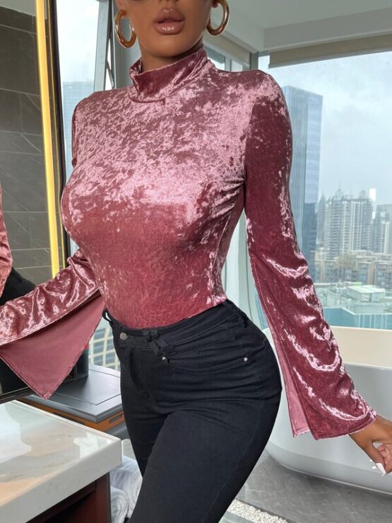Split Sleeve Mock Neck Velvet Tee - Image 2