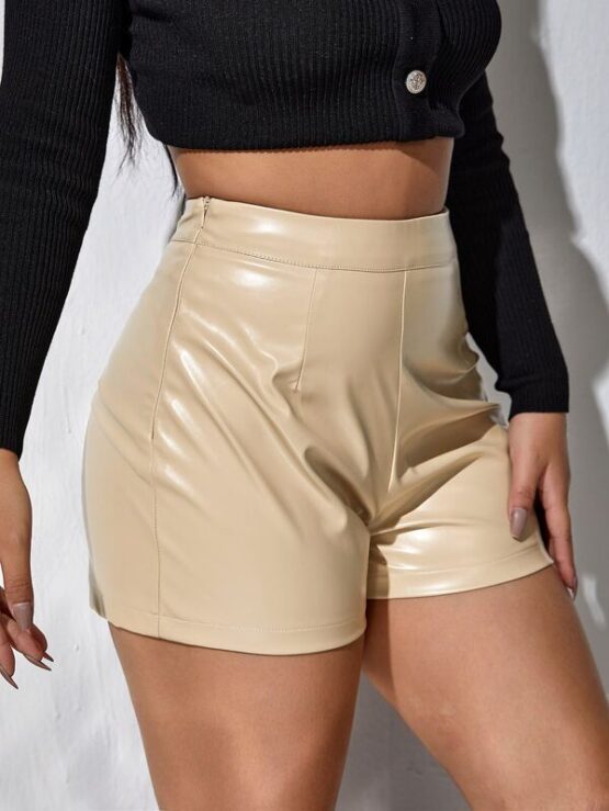 Solid High Waist PU Leather Shorts - Image 2