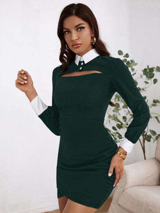 Contrast Collar Peekaboo Front Bodycon Dress - Image 9