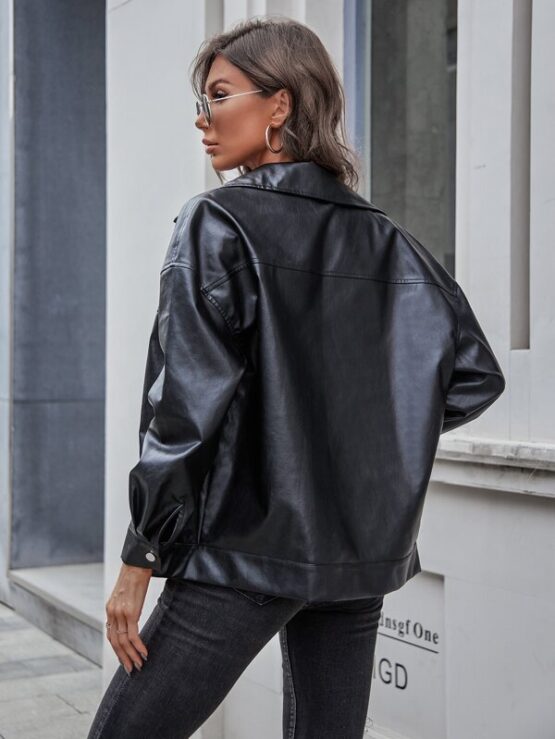 Drop Shoulder PU Leather Moto Jacket - Image 2