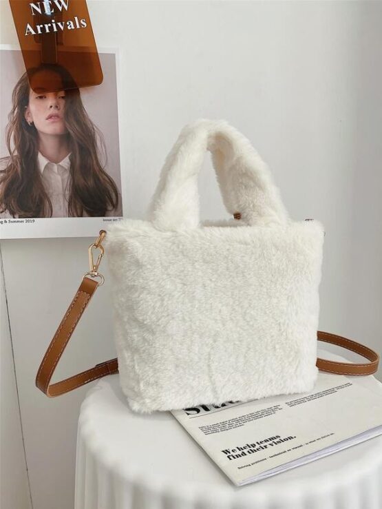 Letter Patch Fluffy Top Handle Bag - Image 5