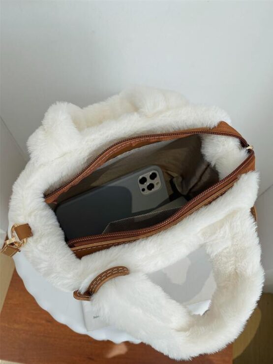 Letter Patch Fluffy Top Handle Bag - Image 6