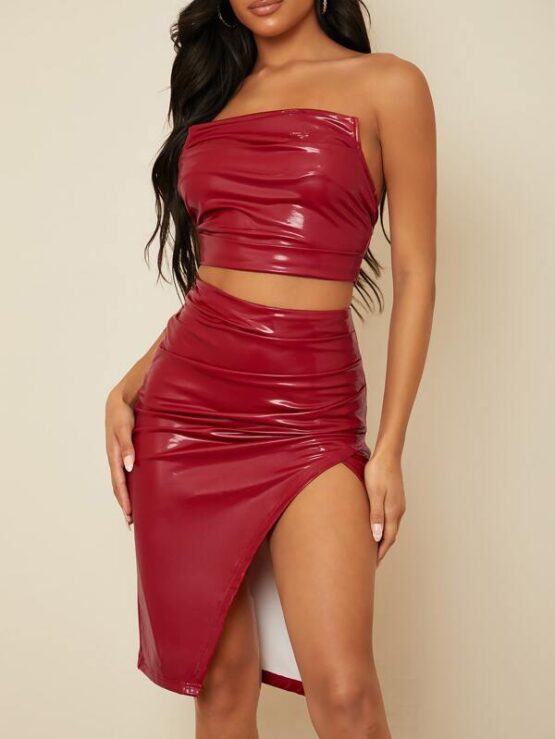 PU Leather Ruched Crop Tube Top & Split Thigh Skirt Set - Image 3
