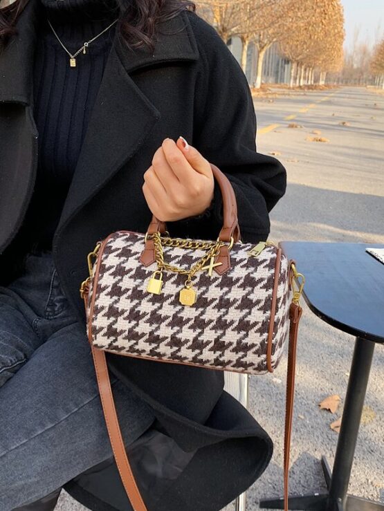 Metal Lock Decor Houndstooth Satchel Bag - Image 3