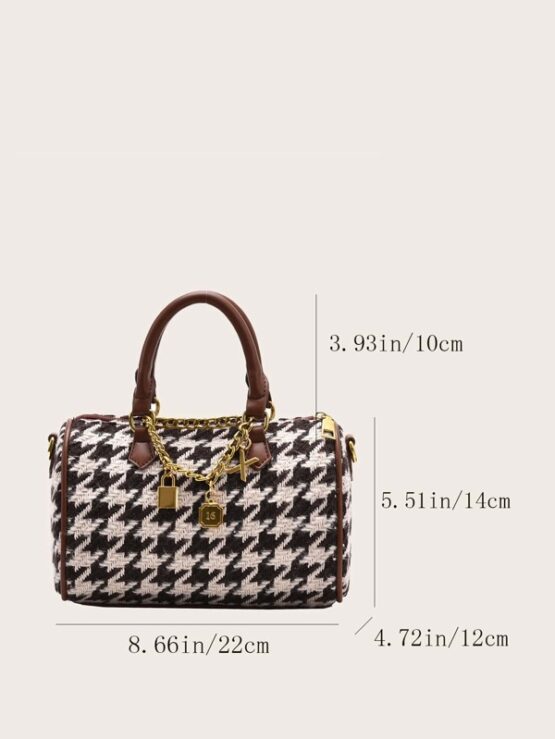 Metal Lock Decor Houndstooth Satchel Bag - Image 2