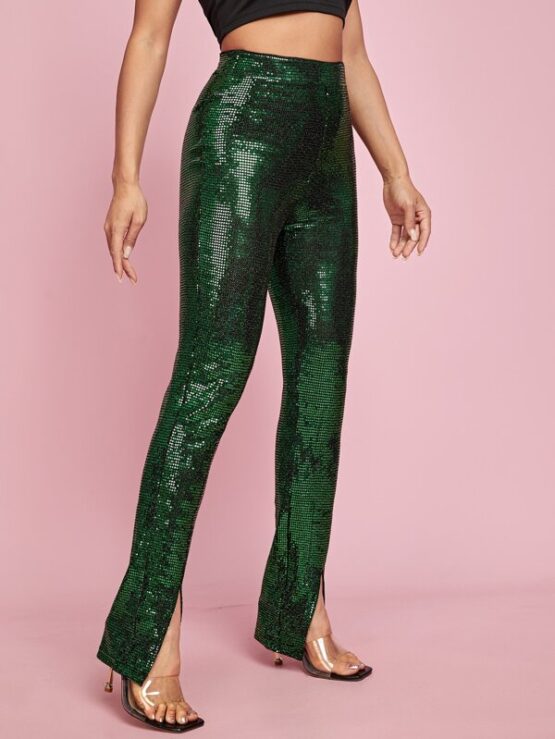 High Waist Split Hem Metallic Pants - Image 3