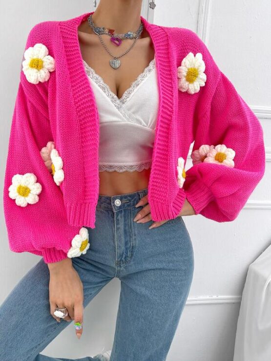 Floral Applique Bishop Sleeve Cardigan