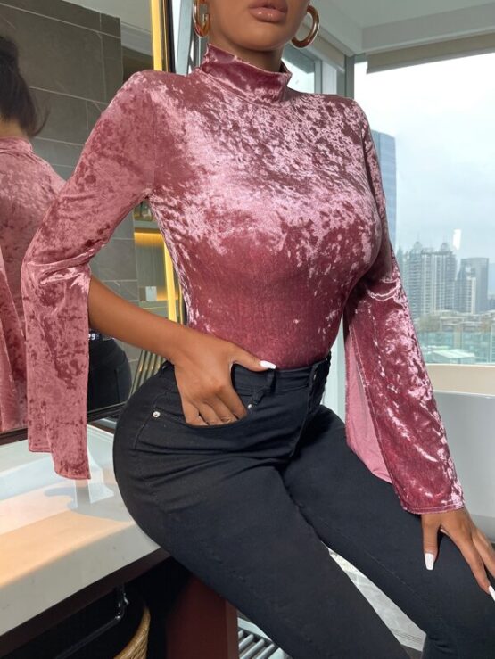 Split Sleeve Mock Neck Velvet Tee - Image 4