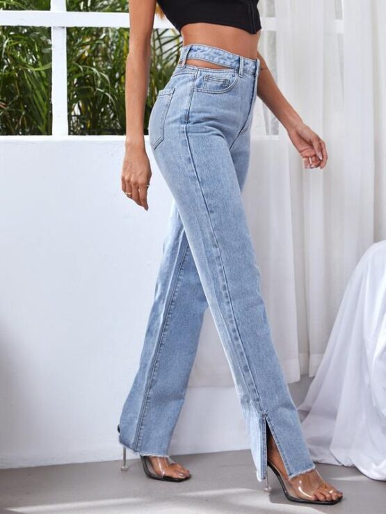 High Waist Cut Out Split Hem Jeans