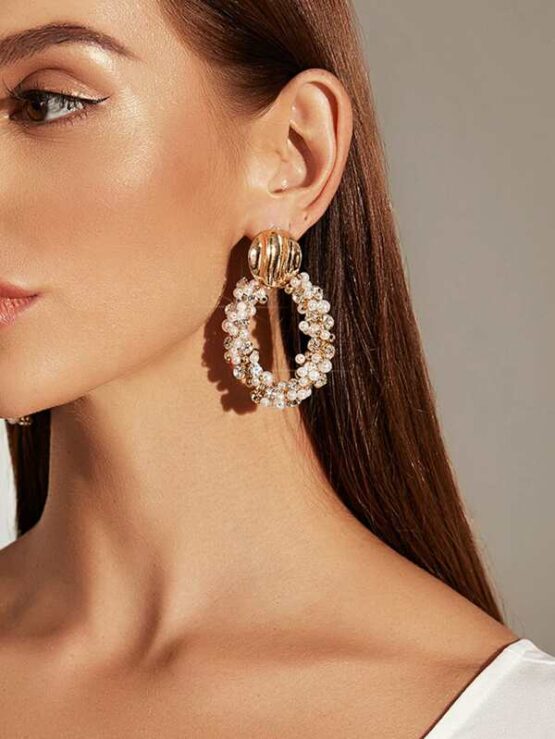 1pair Textured Metal Decor Faux Pearl Round Drop Earrings - Image 4