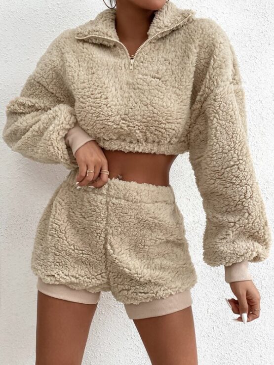 Quarter Zip Drop Shoulder Crop Teddy Pullover & Shorts