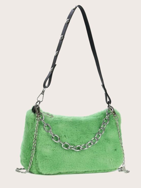Chain Baguette Fluffy Shoulder Bag - Image 4