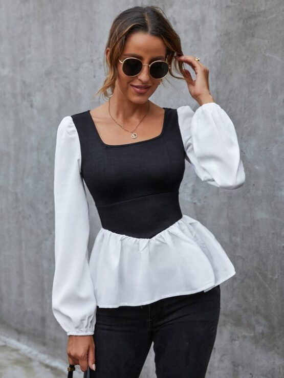 Two Tone Black and White Peplum Top