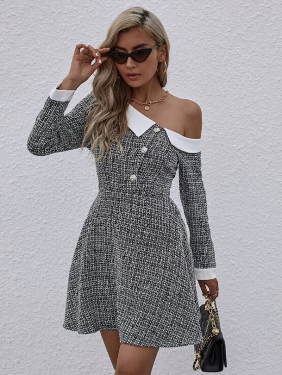 Tweed Asymmetrical Neck Fit And Flare Dress - Image 4