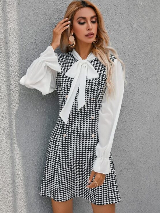 Houndstooth Tie Neck Double Breasted Dress - Image 4
