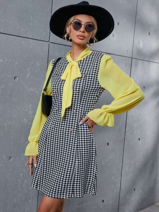 Houndstooth Tie Neck Double Breasted Dress - Image 7