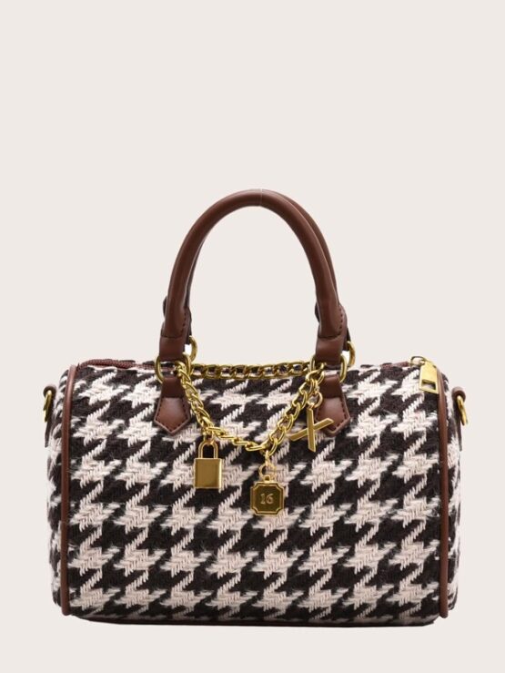 Metal Lock Decor Houndstooth Satchel Bag - Image 4