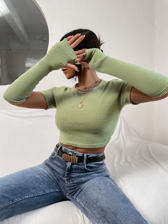 Ribbed Knit Crop Sweater With Elbow Sleeve - Image 4